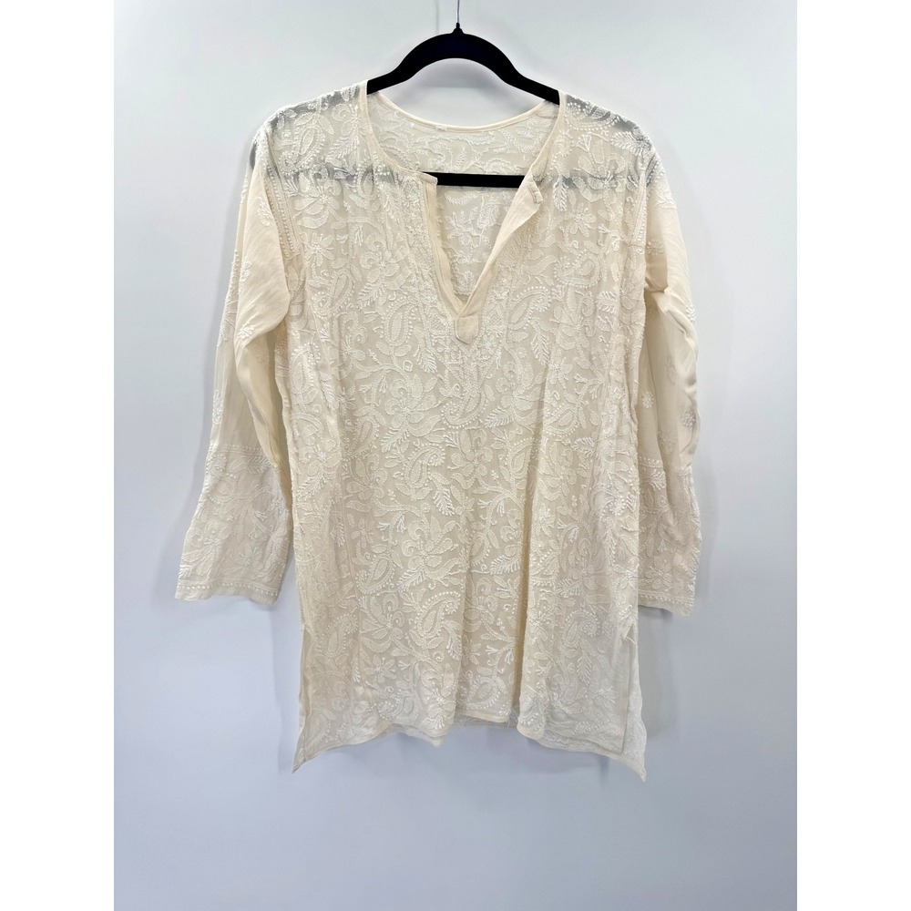 Ivory White Silk Embroidered Tunic Top Long Sleeve Shirt V-Neck Coastal Cottage